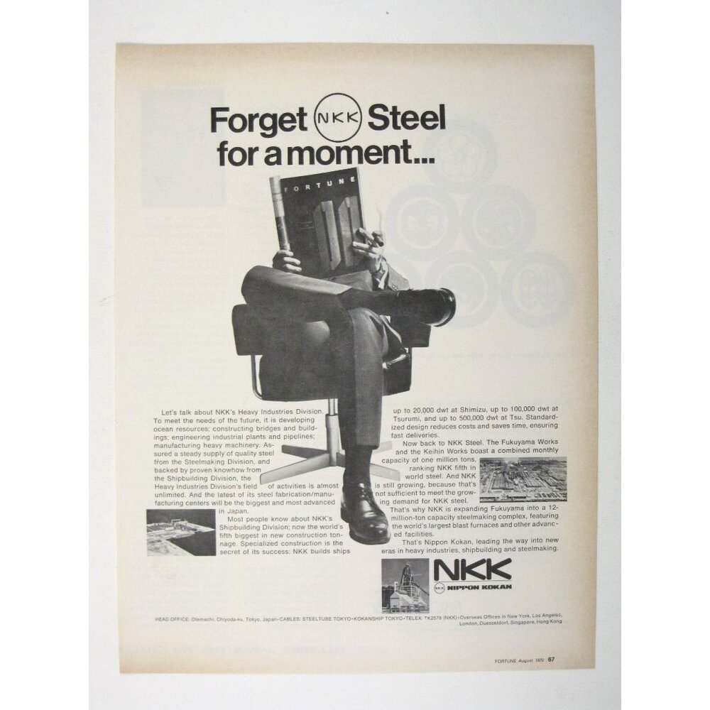Print Ad NKK Nippon Kokan Heavy Industries Forget Steel Pipelines 1970 AD